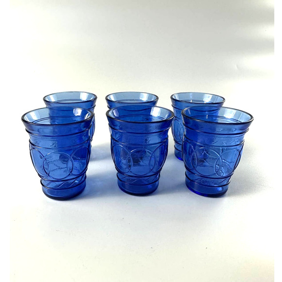 Vintage Hazel Atlas Ring O Rings Cobalt Blue Shot Juice Cordial Glasses Tumblers - Picture 3 of 12
